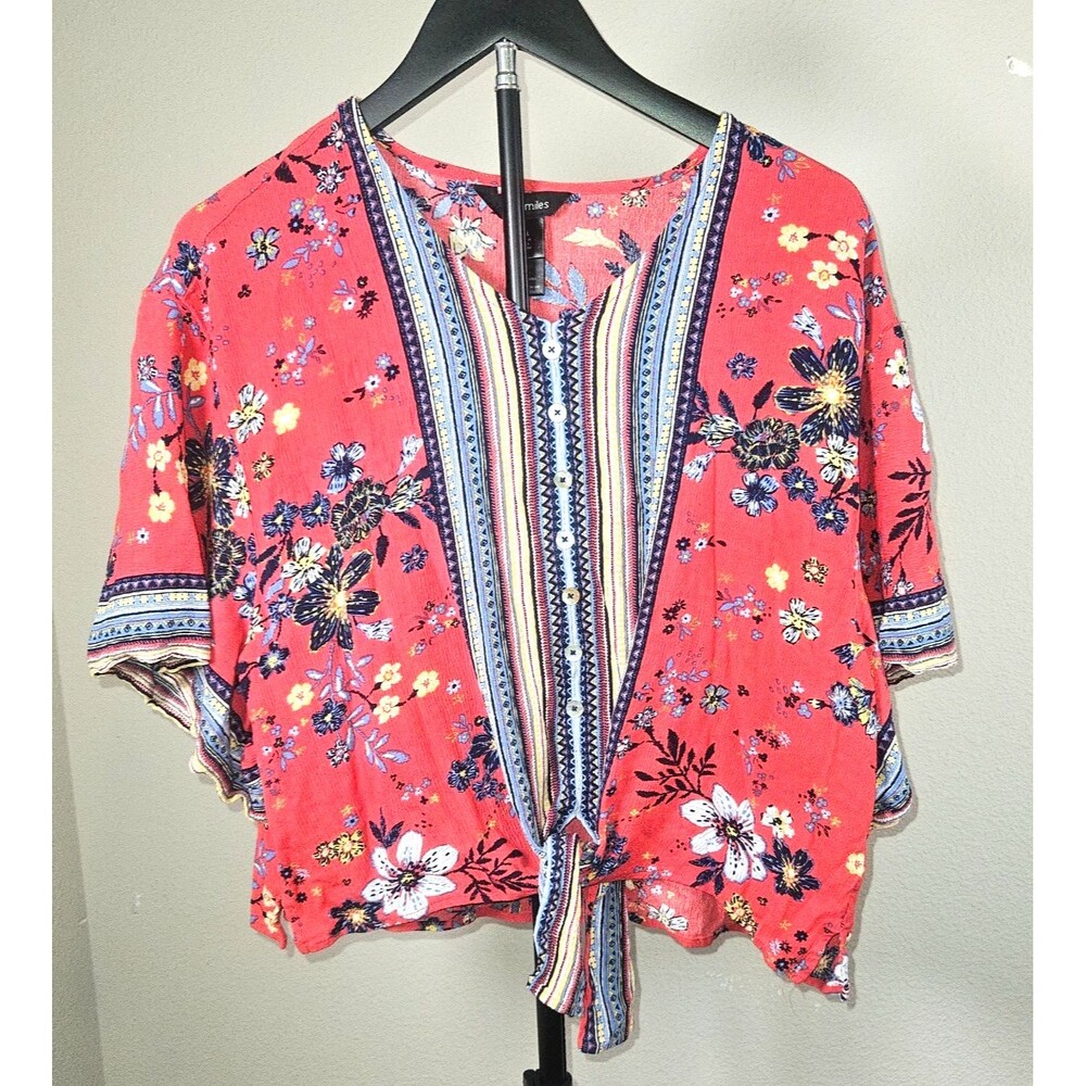 Ali Miles Womens PXL‎ Red Floral Boho Tie Front Blouse Rayon Peasant Top Plus